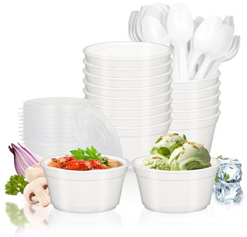RIKICACA 12 oz Styrofoam Bowls with Lids and Spoons, Disposable White Foam Bowls for Hot & Cold Foods, To Go Food Containers for Soup, Ice Cream, Dessert, Salad, Snack - 50sets/150pcs