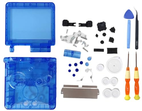 Hzxkqmil Custodia a Guscio Completa Alloggiamento di Ricambio per Game Boy Advance SP GBA SP Console, Guscio Chiaro con Kit di Viti e Pulsanti Parti di Ricambio Cacciaviti (Blu Trasparente)