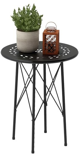 Outsunny Gartentisch Ø40 x 50cm Wetterfest Balkontisch aus Stahl Schwarz | Runder Beistelltisch Outdoor mit Blumendesign Schutzfüße, Esstisch, Campingtisch Terrassentisch für Garten Terrasse Balkon