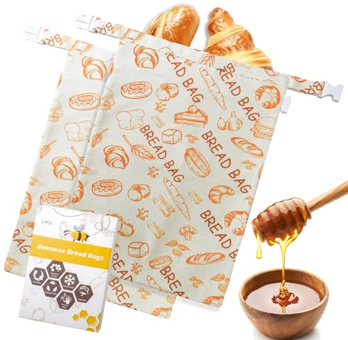 AQCQDQ 2er Set Wiederverwendbare Bienenwachs Brotbeutel, Baumwoll Brotbeutel mit Bienenwachs-Futter für Sauerteig & Brotaufbewahrung