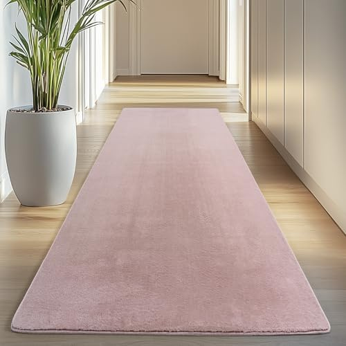 Carpettex Läufer Teppich Rosa 80x250 cm- Kurzflor Teppich Waschbar, weich & rutschfest, modernes einfarbiges Design für Schlafzimmer, Küche & Flur