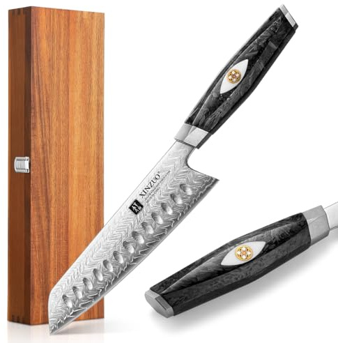 XINZUO 18,7cm Couteau Santoku en Acier Damas 145 Couches -Forgé à la Main Tranchant Couteau de Chef de Cuisine Acier en Poudre M390 Autrichien -Poignée en Résine de Fibre de Carbone Noire