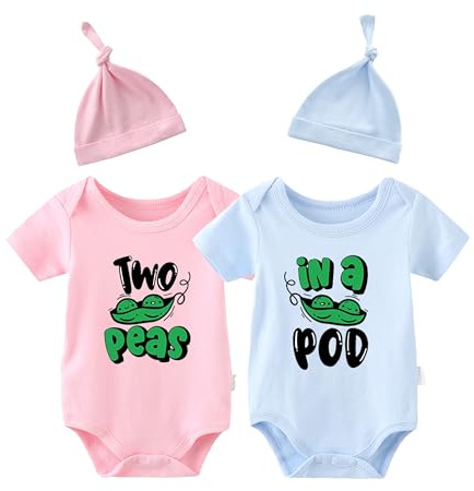 YSCULBUTOL Baby Twins Bodysuit Two Peas Ina Poo Newborn Toddler Outfits Cute Baby Clothes Unisex Romper With Hat(Pink Blue 6m)