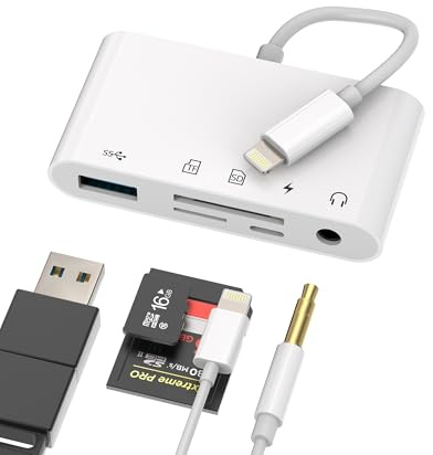Cámara digital para iPhone 14 13 Pro Max para lector de tarjetas SD de Apple (5 en 1), adaptador Lightning USB para cable de iPad, accesorio OTG, unidad flash de computadora, transferencia TF hembra