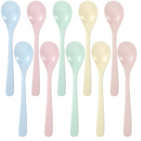 10 Stück Bunte Eierlöffel Kunststoff,Wiederverwendbare Plastiklöffel,Anti-Tropf Imitation Porzellan Geschirr lange Löffel für Getränke,Joghurt,Desserts,Latte Macchiato Löffel Eierlöffel(Runder)