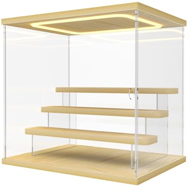 Nynelly Vitrine Acrylique pour Collection avec Éclairage LED, Plexiglas Vitrine Transparente avec Porte et Marches, Boite Presentoir Anti-Poussière pour Funko Pop, Figurines, 4 Niveaux, Couleur Bois
