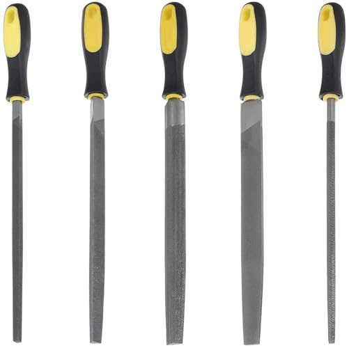 Kit de limas profesionales de 5 piezas, limas de trabajo de metal de 10 pulgadas con formas redondas, planas, semicirculares, triangulares, asas ergonómicas y funda enrollable