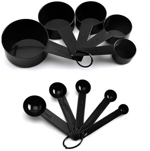 10 STÜCKE teiliges Messbecher-Set 5 Messlöffel aus Kunststoff – Praktisches Cup-Messbecher-Set mit abnehmbaren Ringen für Backen & Kochen (Schwarz)