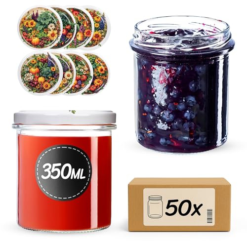KADAX Lot de 50 pots à confiture - 350 ml - Avec couvercle à visser de 82 mm - Petits bocaux en verre avec couvercle - Pour la conservation et la conservation (parterre de légumes)