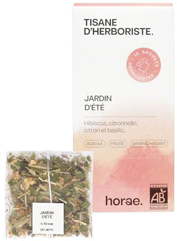 Horae - Tisane Jardin d'été Bio 15 sachets - Tisane bio d'hibiscus, citronnelle, citron et basilic - Tisane d'herboristes produite en France