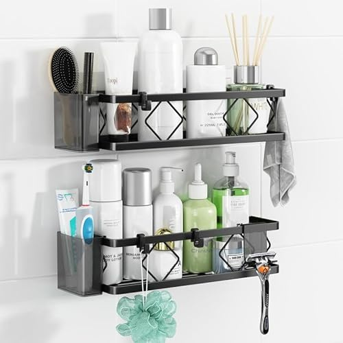 Duschablage Ohne Bohren Schwarz 2er Set - Duschregal Edelstahl Rostfrei mit 5 Haken & 2 Zahnbürstenhalter, Selbstklebend Badezimmer Organizer für Dusche Küche, 16kg Tragkraft Shower Shelf Black