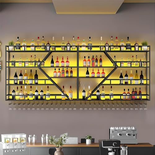 KEPMOGOH Botellero de Pared con portavasos, botellero Vino, Hierro, Soporte Flotante para exhibición de Vino, para el hogar, Restaurante, Bares, vinoteca(Sin luz) (Negro, 4 Niveles, 240 cm)