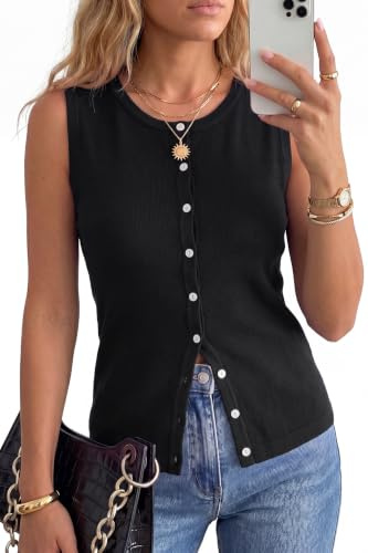 Arach&Cloz Women's Vest Tops 2026 Summer Sleeveless Sweater Knit Tank Tops Spring Wool Blend Crew Neck Button Down Trendy Business Casual Outfits Black L