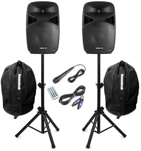 Vonyx VPS122A 12 Active PA DJ Speakers Set with Bluetooth Streaming, LED Lighting, Tripod Stands, Microphone & Carry Bags - 800W PA System Ideal for DJs, Karaoke & Parties