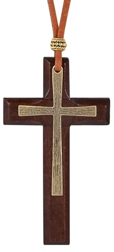 INFINIONLY Holz kreuz Ketten Halskette mit Baumwollkordel Klassischer Doppelschichtiger Großer Braunes Kreuzanhänger für Damen und Herren Fashion Sautoirs