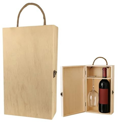 AWASG Weinbox Geschenkbox Weinflasche, Weinkiste Holz mit Tragegriff, Geschenkkiste Holzbox Wein, Weingeschenk Flaschenbox (2er Box inklusive Glas)