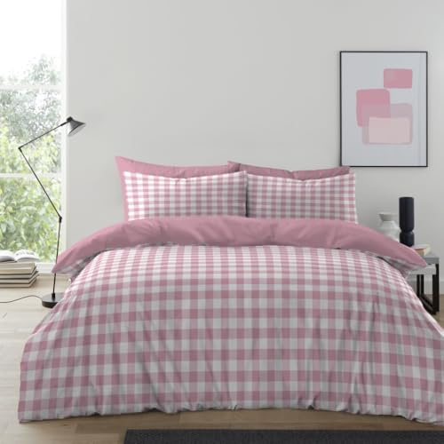 Lions Blush Pink Ghingham Bedding - 100% Polyeser - Double Bed Size Checked Duvet Cover Set with Matching Pillowcase, Soft Microfibre Reversible Printed Quilt Covers, 200x200cm