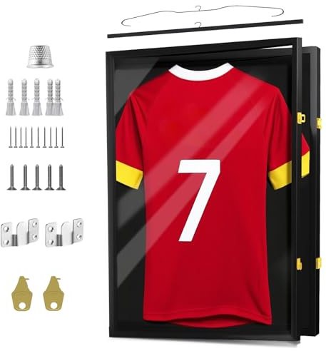 TOLASTO Trikotrahmen 60×80 cm – Trikot Bilderrahmen aus Holz & Acryl, abschließbarer Trikot Display Rahmen für Fußballtrikot, Rugby Trikot, Sport- & Band Shirts, Schwarz
