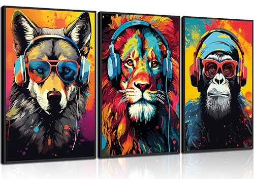 Gaming-Wandkunst, Tier-Graffiti-Poster, Bilder mit Kopfhörern, Sonnenbrille, Gorilla, Tiger, Wolf, coole Leinwanddrucke, bunte Graffiti-Gemälde für Jugendzimmer, Wanddekoration, ungerahmt, 20,3 x 30,5