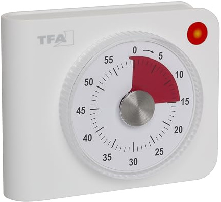 TFA Dostmann Analoger Timer batteriebetrieben, 38.2058.02, mit extra lautem Alarm und Blinklicht, 60 Minuten, Küchentimer, Eieruhr, Sport oder Prüfungen geeignet, magnetisch, weiß