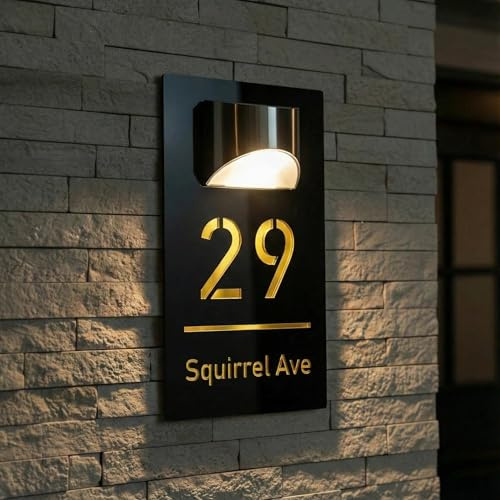 Números de Casa Exterior con Luz Solar LED, Placa de de Acrílico Impermeable con Grabado Láser 3D Personalizable, Letrero para Puerta Exterior zm (4 Tamaños, 16 Fuentes, 3 Colores)(Negro-Dorado)