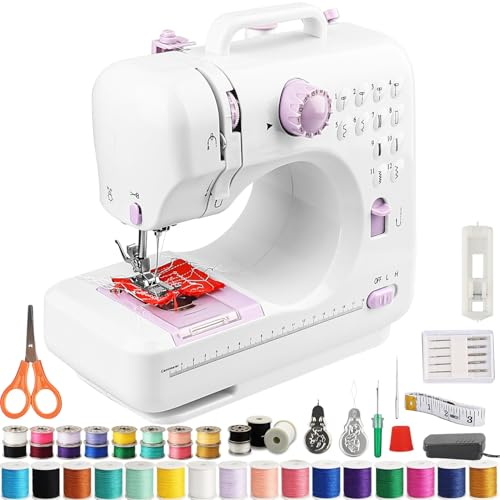 FONCOOD Nähmaschine Anfänger mit 12 Stichmustern Nähzubehör-Set Nähmaschine Elektrisch mit 42 Teilen Zubehör, Leicht Tragbar für DIY & Handarbeit - für Kinder & Erwachsene (Lila/Weiß)