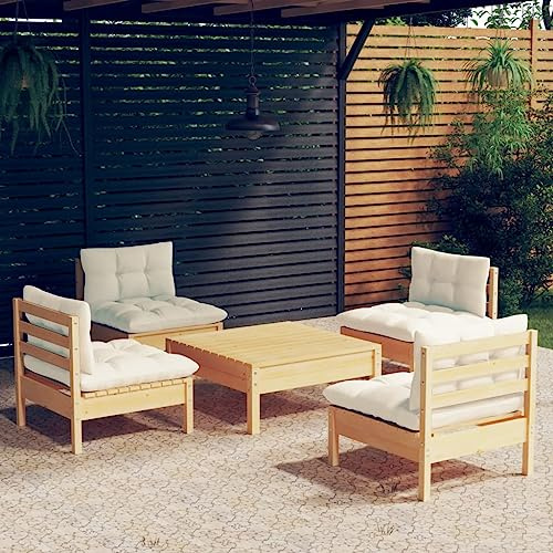 Mokuyary 5-TLG. Trädgårdsloungeset med krämkuddar i furu, trädgårdsmöbelset, utomhus balkongset, terrassmöbler, trädgårdslounge sittgrupp för terrass, balkong, trädgård – B