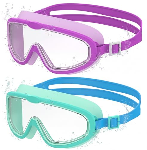Seaflar 2Pcs Gafas de Natación Infantiles de Marco Grande, Visión Clara Antivaho, Protección UV, Ajuste Rápido, Aro de Silicona, Gafas Unisex para Niños y Adolescentes de 3 a 14, S