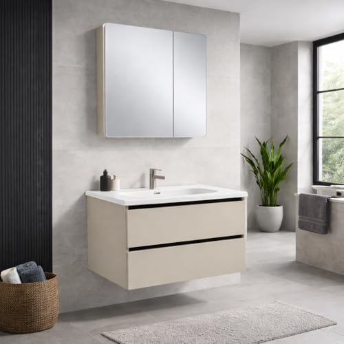 REDÒKASA Mobile Bagno Sospeso 80 cm PEONIA in alluminio con 2 cassetti, specchio contenitore a 2 ante, lavabo in ceramica (L 80 x P 47,5 x H 48)