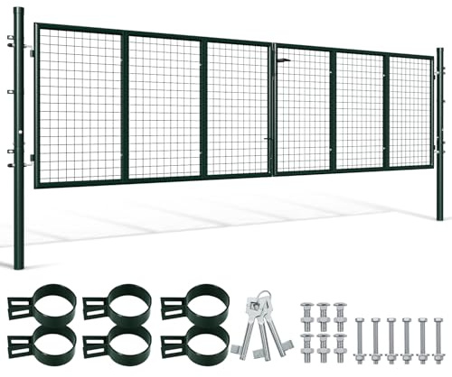 Trädgårdsgrindmetall, dubbelbladig trädgårdsdörr, 350 x 100 cm, rund rörbredd, för tomt/garagegård, för staket med dubbla stavar (grön)