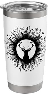 Deer Silhouette in Circle of Wild Ferns and Flowers Stainless Steel Insulated Tumbler