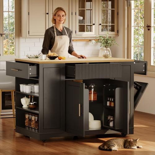kozamas Îlot de cuisine avec compartiment poubelle, chariot de cuisine mobile avec 2 portes et 3 tiroirs, roulettes, étagères réglables, 120 x 50 x 92 cm, noir