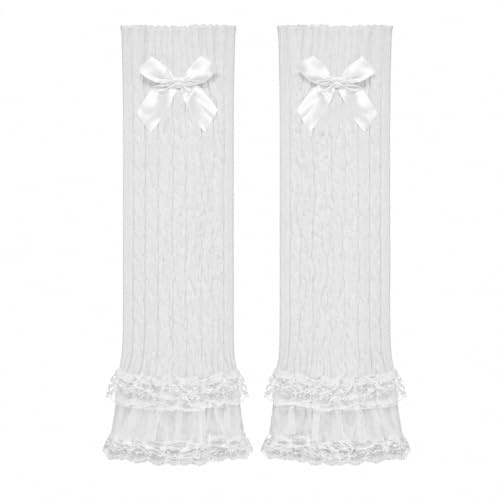 Ticha 1 Paar Y2K Frauen dekorative Beinwärmer, Lolita Style gestrickte Knieschoner, für Jugendliche und Frauen, Goth, Grunge, Cosplay (Weiß)