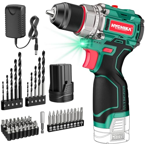 HYCHIKA Taladro atornillador batería, motor sin escobillas, 45Nm Máx, con 23+1 de par de giro, 2 velocidades, 1500mAh 53 accesorios Adecuado para atornillar, taladrar en madera, plástico, metal
