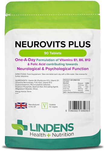 Lindens - Neurovits Plus Tablets, 90 Pack - One A Day - UK Made, Psychological & Nervous Function, Tiredness & Fatigue - Vitamin B1, B6, B12 & Folic Acid - Letterbox Friendly - Vegan