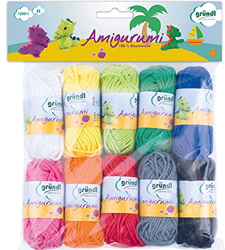 Gründl Wolle Amigurumi - dünne Wolle zum Häkeln von kleinen Figuren - Häkelgarn- Glänzend und hautfreundlich - 100 % Baumwolle - 10 Miniknäuel 10 g / 23 m - Nadelstärke 3 - 4 - Bunt