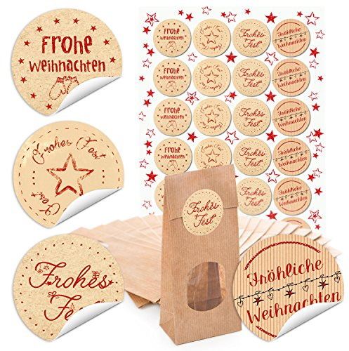 Weihnachtliche Geschenktüten, 24 Stück: Weihnachtstüten, Papiertüten Weihnachten zum Befüllen, Tüten aus Papier für Lebensmittel & Geschenke, Geschenktüte Klein, Mit Weihnachtstickern, 7 x 4 x 20,5 cm