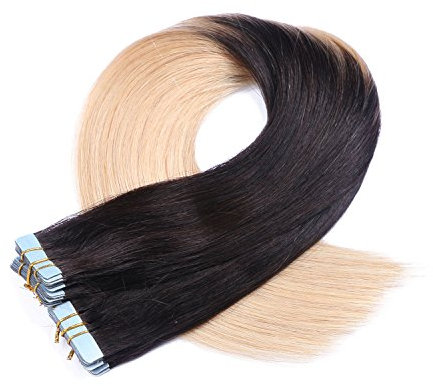 Tape In - On Hair Extensions - # 1B/24 OMBRE - 60cm - 60 Tressen je 4cm Breit / 2,5g - 100% Remy Echthaar Haarverlängerung/Extention mit Klebeband Tressen by NOVON Hair Extentions