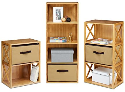 Relaxdays 3er Set Regal Bambus mit Korb, 2, 3 und 4 Ablagen, Holz Standregal, Badregal, Faltbox, BxT: 42 x 29 cm, Natur braun