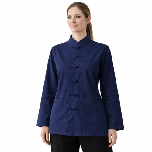 Lazutom Women’s Linen Kung Fu Tai Chi Shirt – Long Sleeve Traditional Tang Suit Top for Martial Arts Training & Daily Wear Blue