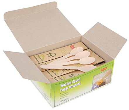Gmark Disposable Wooden Spoons Paper Wrapped | Pack of 100-6.5 Spoons | 100% All-Natural, Eco-Friendly, Biodegradable, and Compostable 100 ct Individually Wrapped in Box GM1024