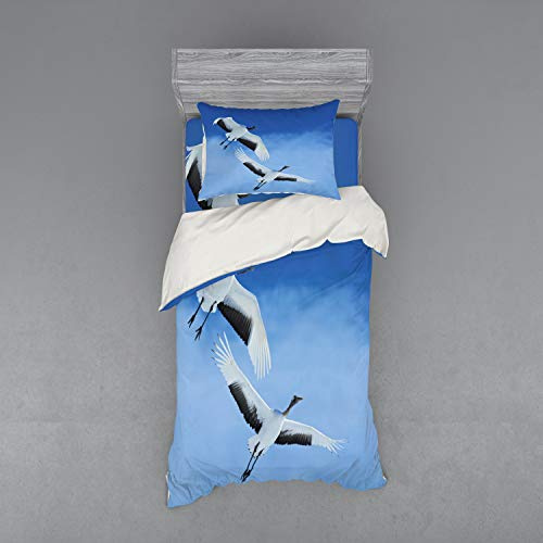 Ambesonne Bird Bedding Set, 2 Red Crowned Crane with Open Wings Flying in Clear Sky Japanese Animal Duo, 3 Piece Duvet Cover Set with Sham and Fitted Sheet, Twin XL Size, Blue White Black