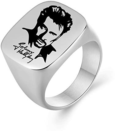 AFSTALR Johnny Hallyday Bague Chevalière Homme Acier Inoxydable Anneau Bague Sceau avec Signature Johnny Le Boss Rock (Argent-JH1, 69)