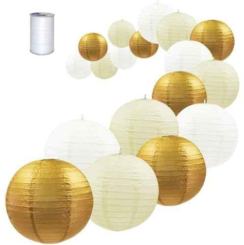Treer 18 Stück Goldene Papierlaterne Rund Lampenschirm, Verschiedene Größen und Farben Papier Laterne Dekoration Set mit elastischer Fischseidenfaden für Hochzeit Geburtstag Faschings Party Garten