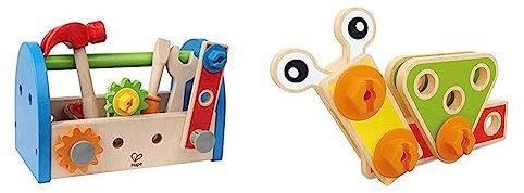 Hape Werkzeugkasten aus Holz mit Zubehör | farbenfrohe Werkbank Hammerspielset für Kinder, Problemlösung, Rollenspiel, 17-teilig & Baustein und Tüftler Set mit 42 Teilen, ab 3 Jahren