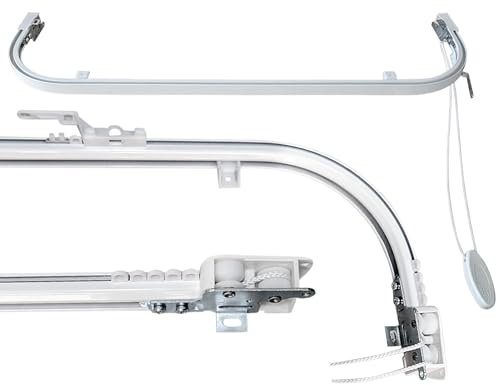 Binario Tenda Soffitto Curvo alle estremità in Alluminio Bianco Personalizzabile, Completo di Accessori per il Fissaggio, Bastone Tende a Soffitto o Parete Scorrevole (190CM APERTURA CENTRALE)