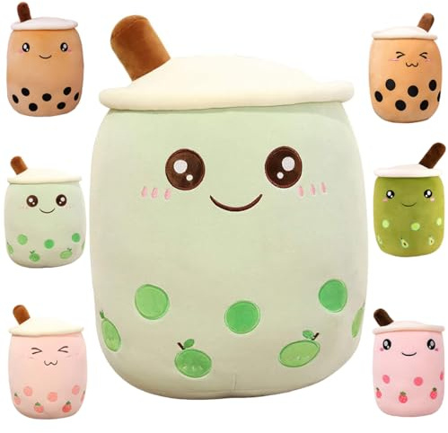 Kekeso Boba Stofftier Plüschkissen Weiches lebensechtes Bubble Pearl Milk Tea Kuschelkissen Cartoon Plüsch Rückenkissen Geschenk Spielzeug (Green-Big Eyes, 35cm/13.77inch)