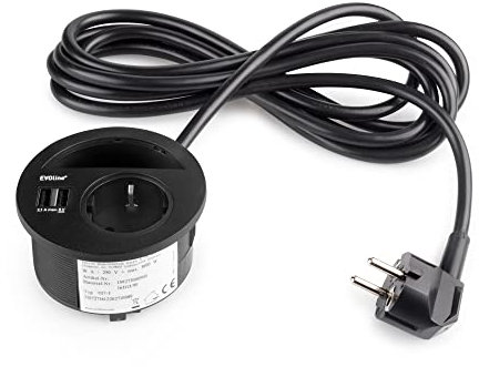 Emuca - Mehrfach-Steckerleiste und Tülle zum Einbau in Büro- und Wohnmöbel, 1 EU-Schuko-Stecker und 2 USB-Anschluss, Schwarz, Kunststoff
