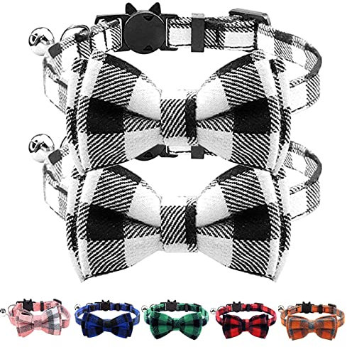 Uiopa 2 Stück Katzenhalsband mit Sicherheitsverschluss, Katzen Halsband Hund Welpenhalsband mit Glöckchen und Schleife, Karomustern Hundehalsband für Kleine Hunde und Katze (Schwarz und Weiß)