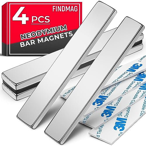 FINDMAG 4 Stück 60 x 10 x 3 mm Magnete Stark, 8 kg Zug Starker Neodym Magnet Selbstklebend Stark, Kühlschrankmagnete, Magnete für Magnettafel, Seltenerdmagnete mit doppelseitigem Klebstoff